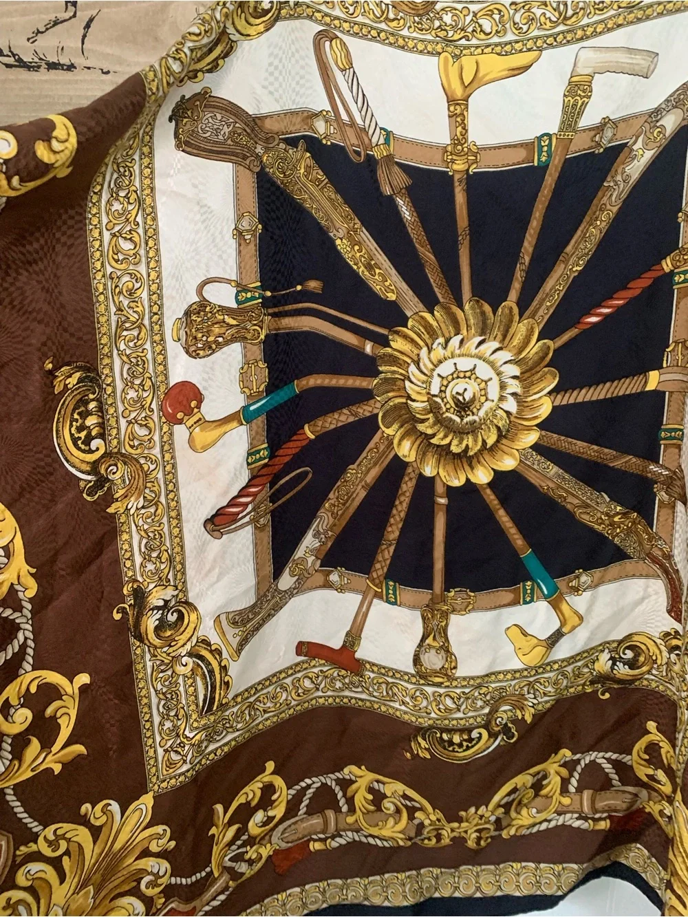 Vintage Italian Silk Jacquard Scarf Baroque Walking Canes Hand Rolled Hem